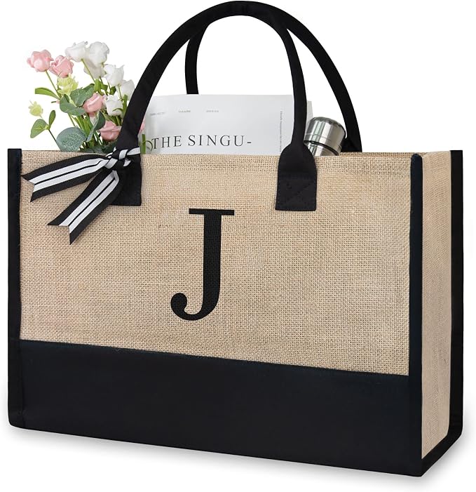 TOPDesign Initial Jute/Canvas Tote Bag, Personalized Present Bag, Suitable by TOPDesign