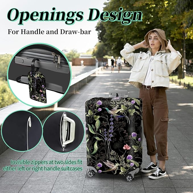 Luggage Cover Suitcase Protector + Luggage Tag, Wild Flowers Hummingbird Travel - Image 4