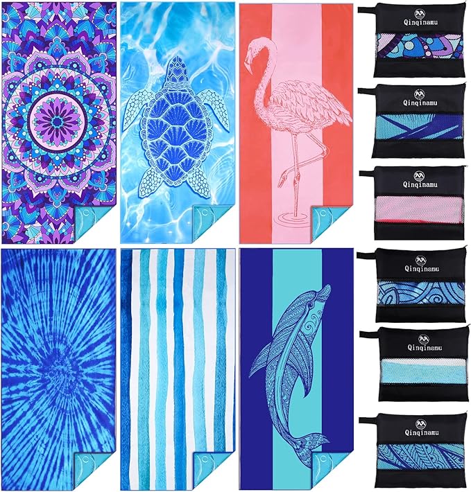6 Pack Microfiber Thin Lightweight Beach Towel Oversized 71x32 Extra Large Sand by Qinqinamu