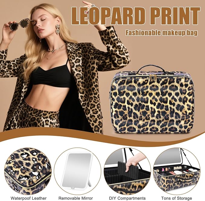 Large Travel Makeup Bag with LED Mirror, 3-Color Stepless Dimming Stand Mirror - Image 4