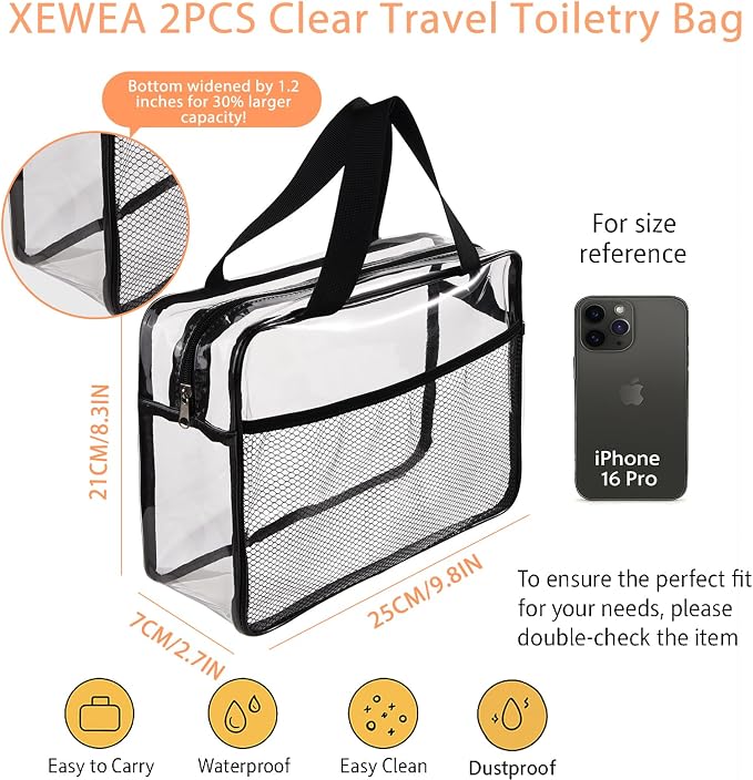 XEWEA 2PCS Middle TSA Approved Clear Travel Toiletry Bags - Image 3