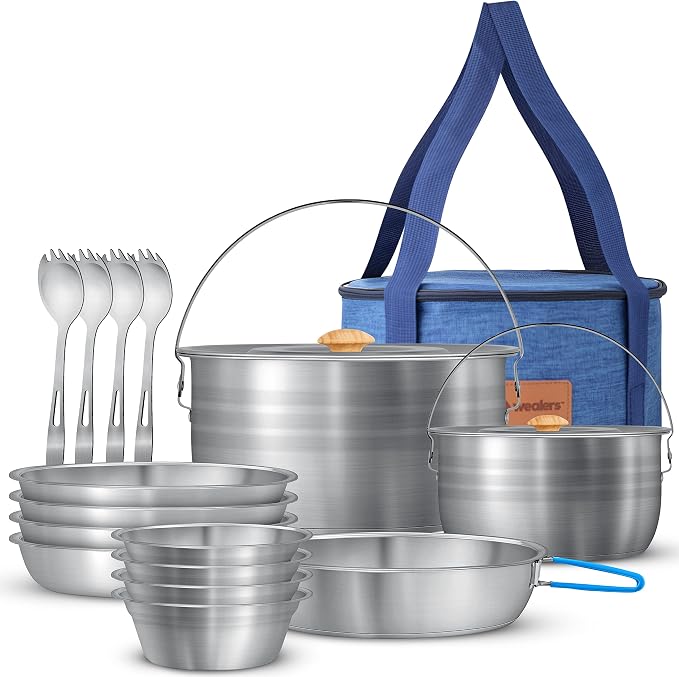 WEALERS Camping Cookware & Dinnerware Set- 17 Pieces Stainless Steel Pots and by Wealers