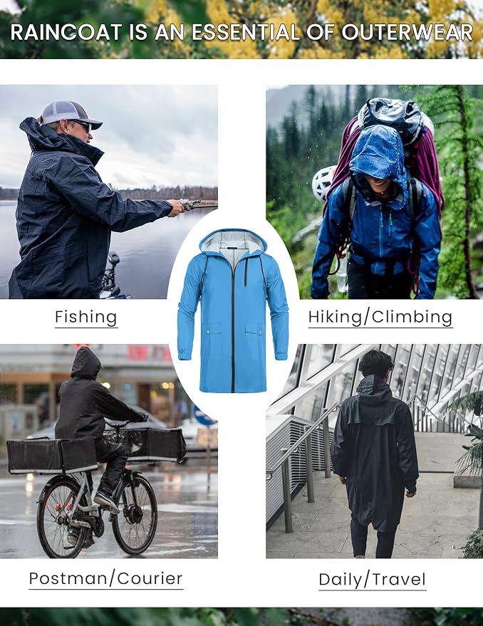 COOFANDY Men's Long Raincoat Ligtweight Rain Jacket Waterproof Outdoor Jackets - Image 7