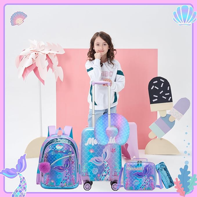 Cute Mermaid Kid’s Luggage Set 5 Piece Suitcase Set 16’’ Hardside Luggage - Image 5