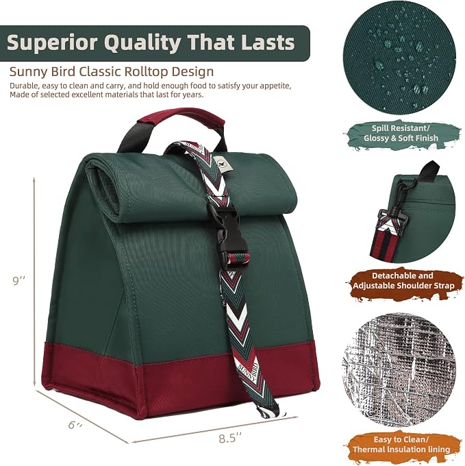 SUNNY BIRD Insulated Lunch Bag Rolltop Lunch Box Tote Bag - Image 6