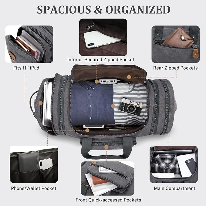 Gonex Canvas Duffle Bag 60L Travel Duffel Overnight Weekend Bag - Image 5