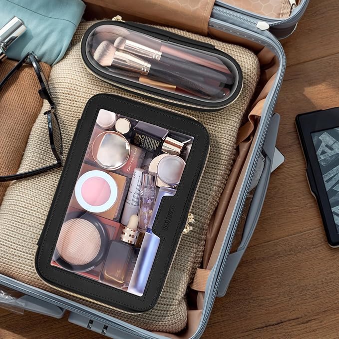 Travel Clear Makeup Bag with Makeup Brush Bag, Leather Makeup Case Toiletry Bag - Image 3