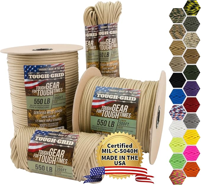TOUGH-GRID 550 Paracord Rope Nylon Parachute Cord, Made in USA Survival Kit by TOUGH-GRID