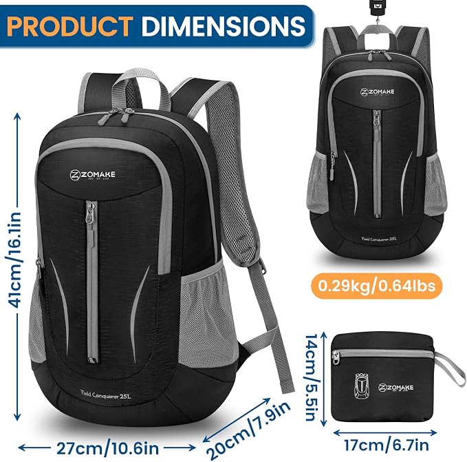 ZOMAKE Ultra Lightweight Packable Backpack 25L, Foldable Hiking Backpacks Water - Image 2