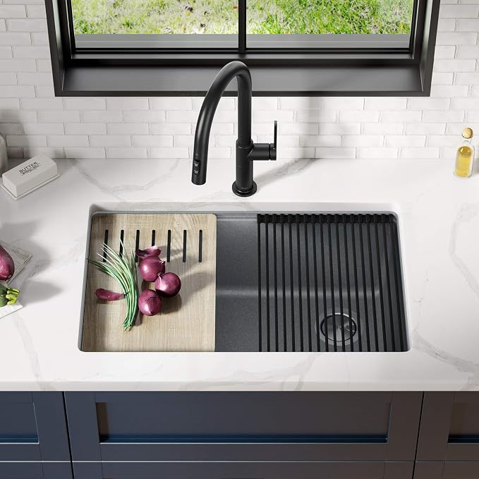 KRAUS Kitchen Sink Bellucci 29” Undermount Workstation Granite, Metallic Gray - Image 2