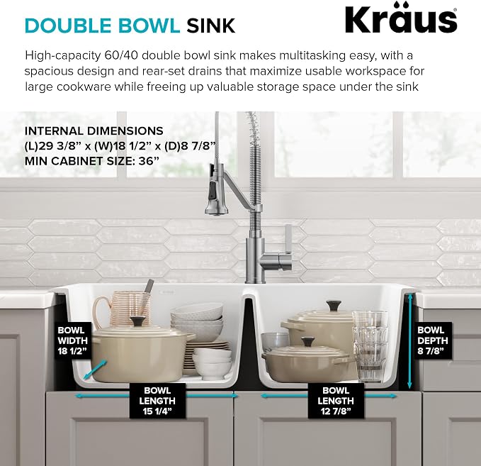 KRAUS Forteza 33-inch Granite Drop In/Undermount 60/40 Double Bowl White - Image 4