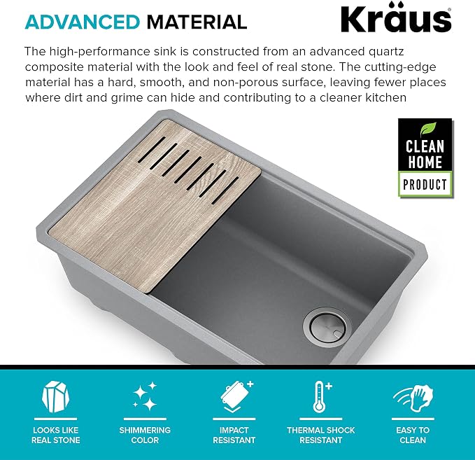 KRAUS Kitchen Sink Bellucci 29” Undermount Workstation Granite, Metallic Gray - Image 7