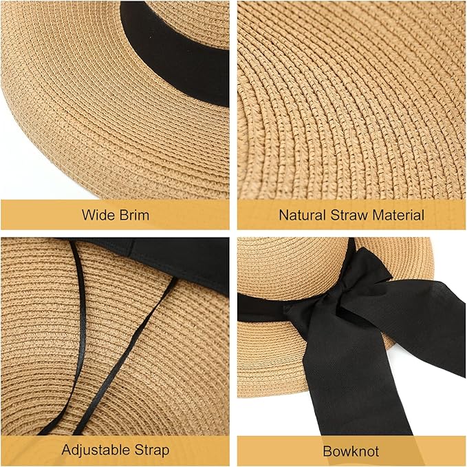 Surblue Straw Summer Hat Women's Floppy Sun Hat Wide Brim Beach Bow Hat - Image 2
