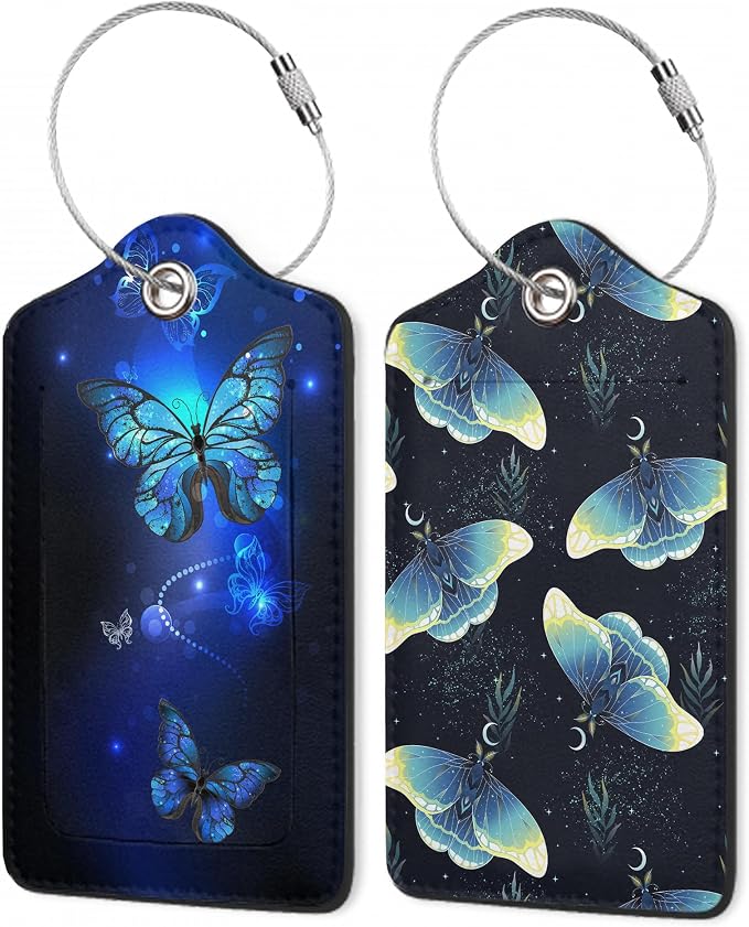 Butterfly Moon Luggage Tags, 2 Pack Moth and Stars Luggage Tag, Leather Privacy by Unknown