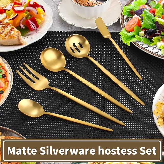 Matte Gold Serving Silverware Set, 5-Piece Round Shared Utensils Set of - Image 5