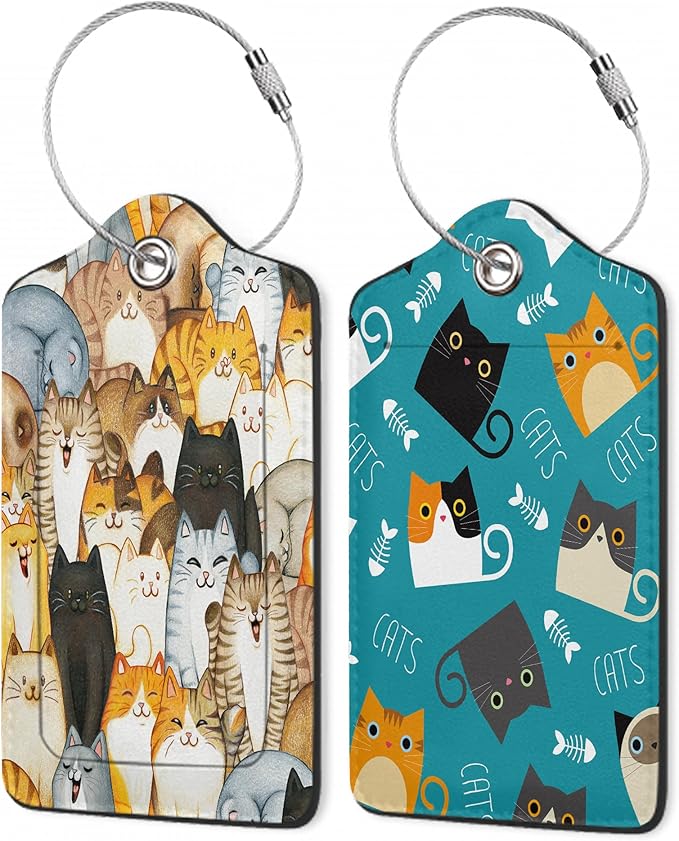 Cartoon Cats Luggage Tags, 2 Pack Luggage Tag, Leather Privacy Cover ID Label by Unknown