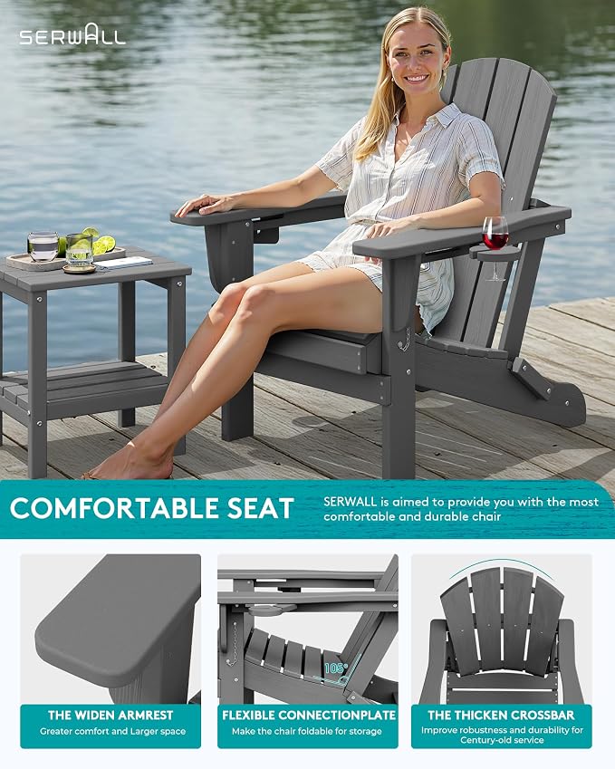 SERWALL Folding Adirondack Chair, Dual Cup Holders & All-Weather HDPE, - Image 6