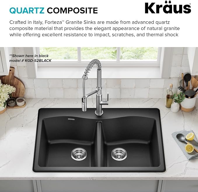KRAUS Forteza 33-inch Granite Drop In/Undermount 50/50 Double Bowl White - Image 6