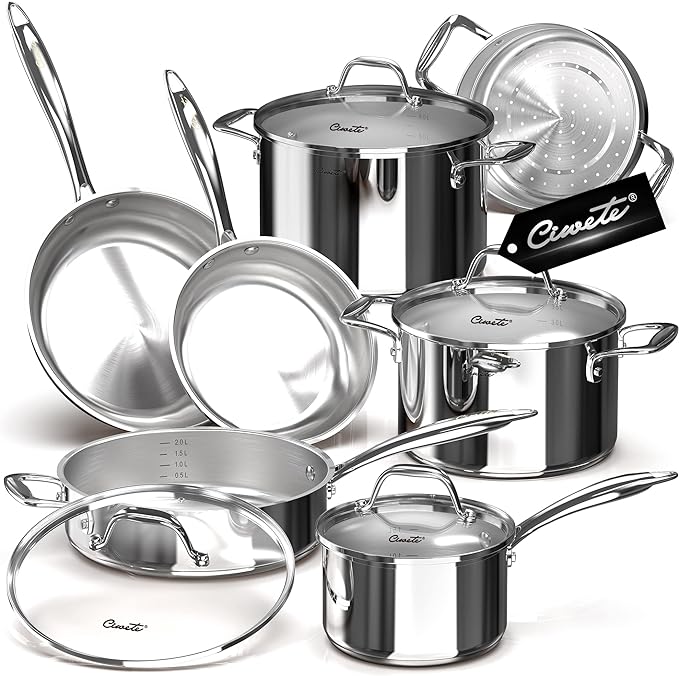 Tri-Ply Stainless Steel Pots and Pans Set 11-PC, 18/10 Stainless Steel by Ciwete