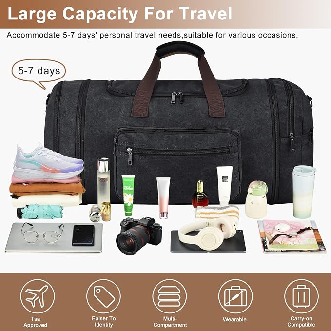 Felipe Varela 60L Duffle Bag for Men, Large Canvas Expandable Duffle Bag for - Image 4