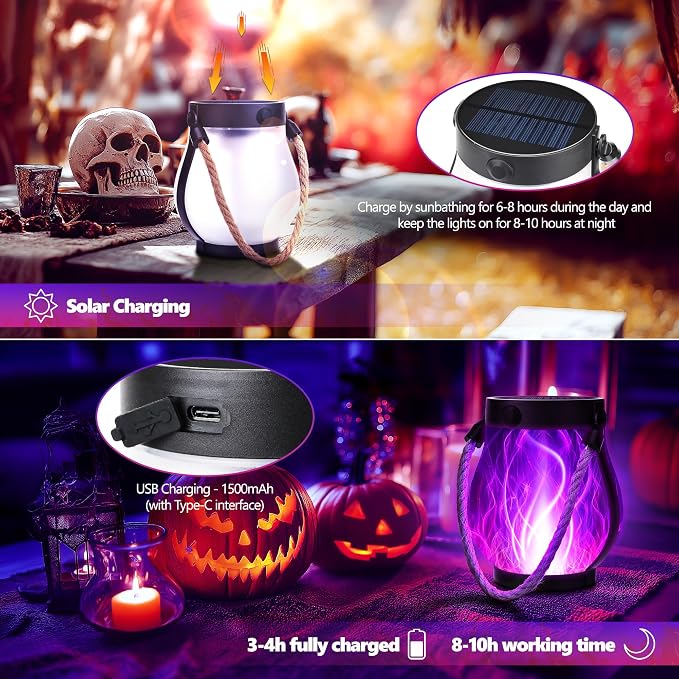 Halloween Solar Flame Lantern Hanging Outdoor Waterproof Purple - Image 6