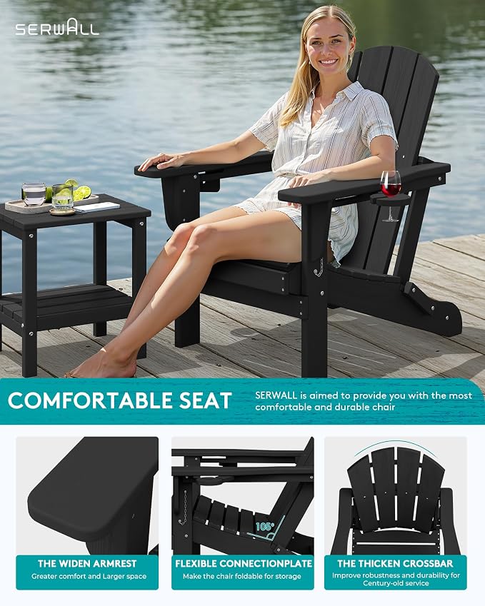SERWALL Folding Adirondack Chair, Dual Cup Holders & All-Weather HDPE, - Image 7
