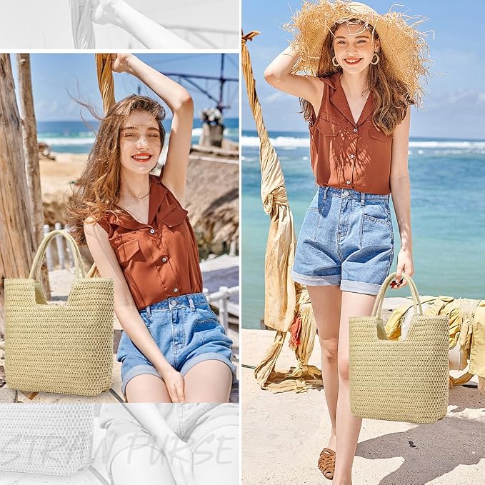 Straw Beach Bags for Women Woven Beach Tote Bag Casual Boho Large Shoulder - Image 2