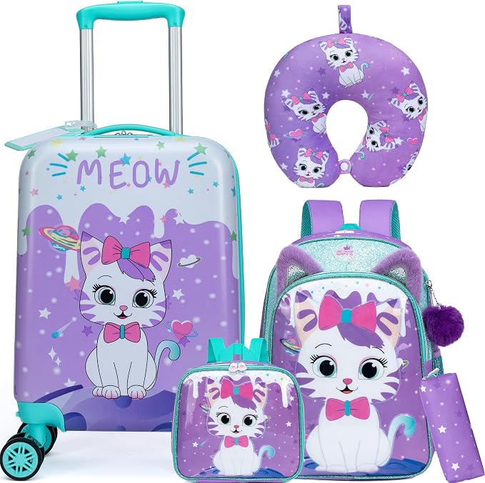 Cute Cat Kid’s Luggage Set 5 Piece Suitcase Set 16’’ Hardside Luggage by Unknown