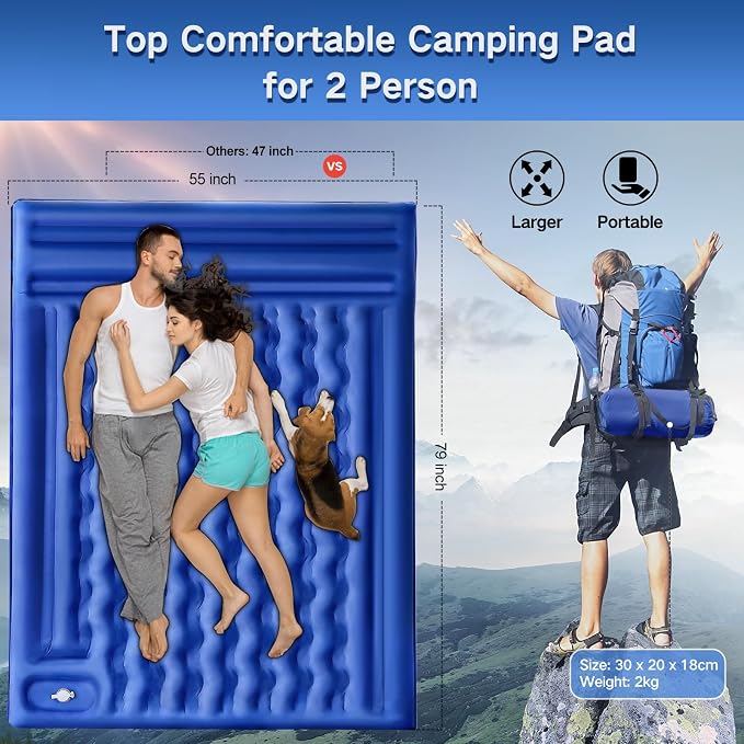 Double Sleeping Pad Camping, Self Inflating 6'' Extra-Thick 2 Person Pillow - Image 3
