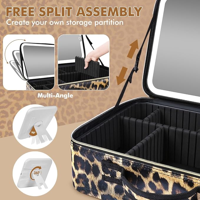 Large Travel Makeup Bag with LED Mirror, 3-Color Stepless Dimming Stand Mirror - Image 6