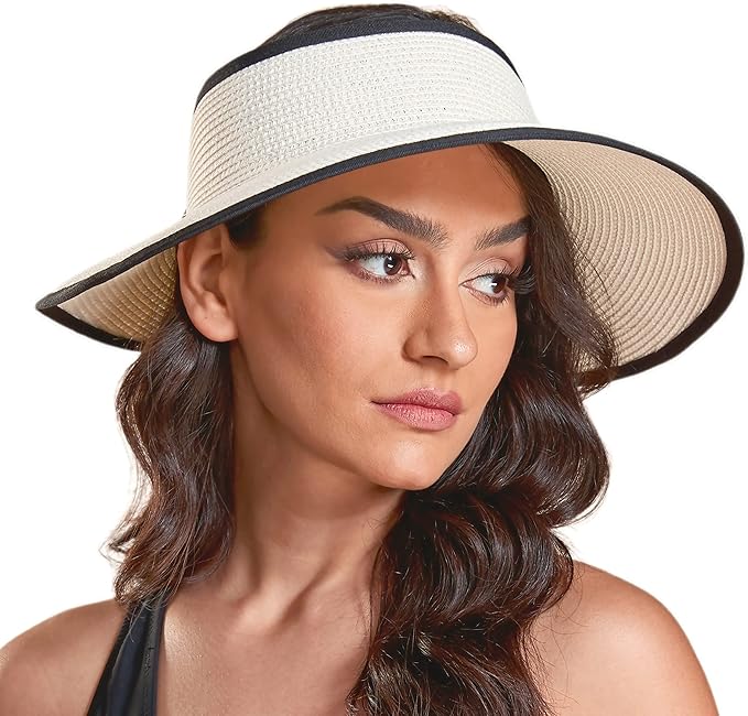 Joywant Womens Sun Visor Hats, Packable Wide Brim Ponytail Beach Hat Straw by Joywant