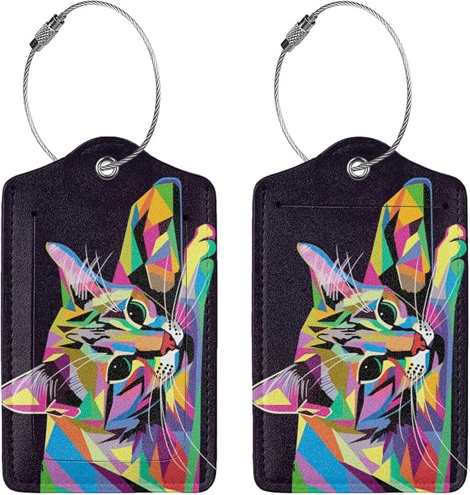 Cat Leather Luggage Tag with Stainless Steel Ring, Fun Name Id Card Cover - Image 3