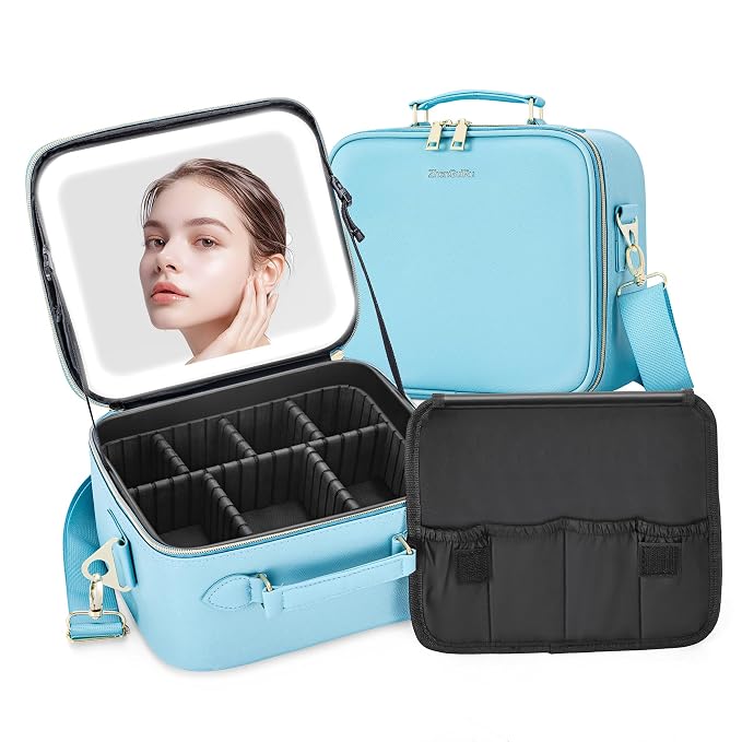 Travel Makeup Bag with LED Mirror, Cosmetic Train Case with Lighted Mirror by ZhenGuiRu