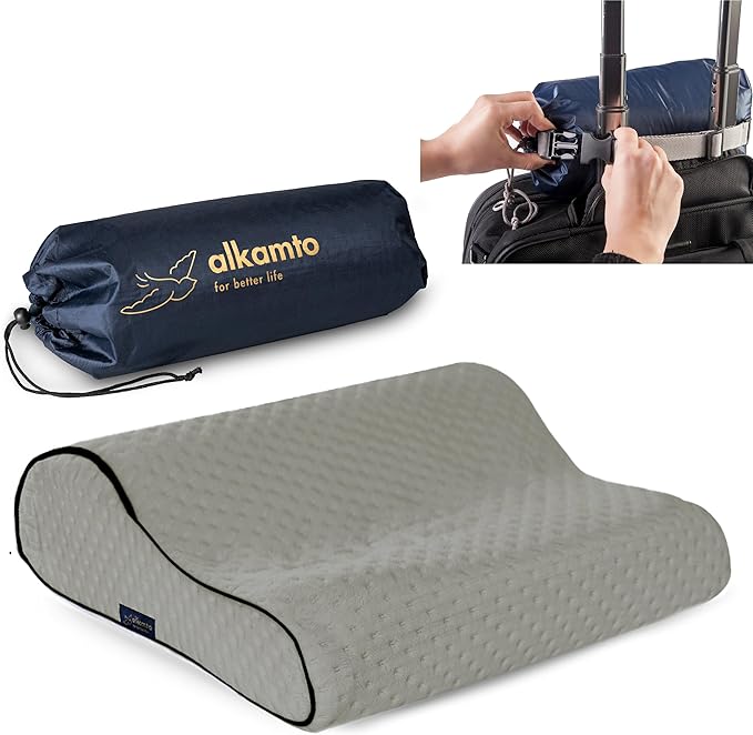Travel & Camping Comfortable Memory Foam Pillow – Easy to Carry Portable Bag – by Alkamto