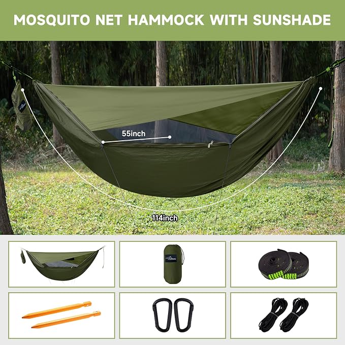 Camping Hammock with Mosquito Net and Sunshade, Backpacking Hammock with Ridge - Image 8