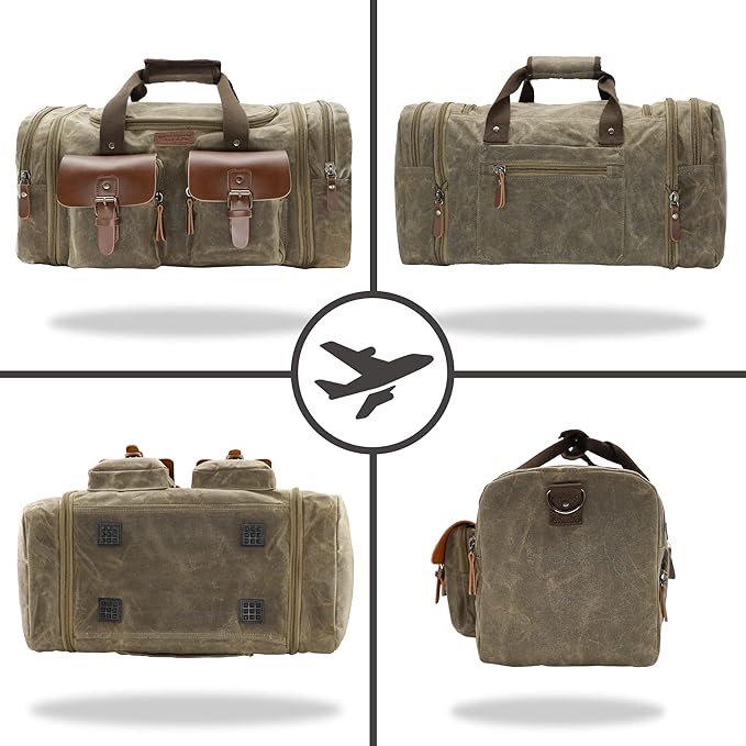 Wildroad Waxed Canvas Duffle Bag - 60L Waterproof Genuine Leather Weekender - Image 5