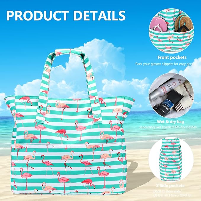 LEDAOU Large Beach Tote Bag Women Waterproof Sandproof Zipper Beach Tote Bag - Image 9