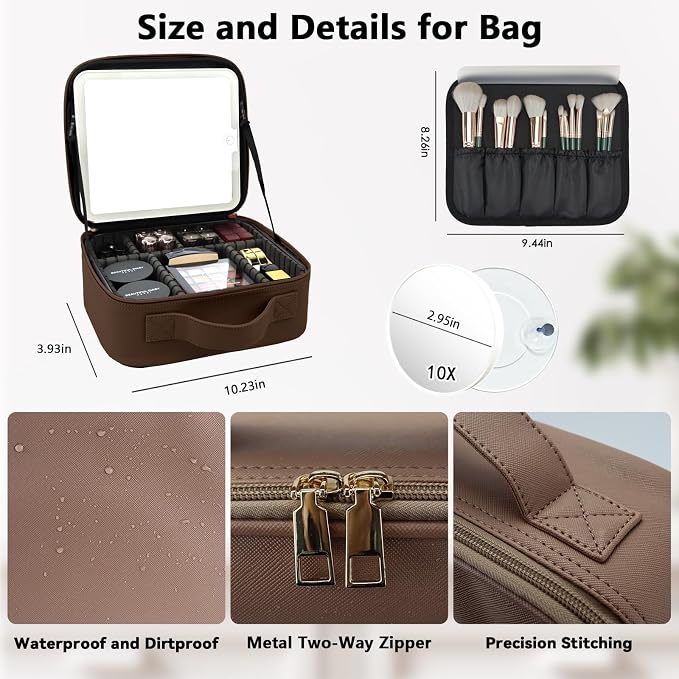 Travel Makeup Bag with LED Mirror and 10x magnifying glass with 3 Lighted - Image 5