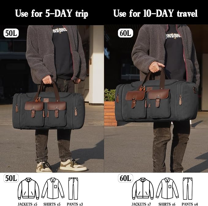 Canvas Duffle Bag for Men 50L Travel Duffel Bags Expandable Genuine Leather - Image 6