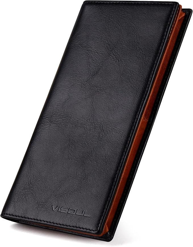 VISOUL Mens Leather Long Bi-fold Checkbook RFID Blocking Wallets, Breast Pocket by VISOUL