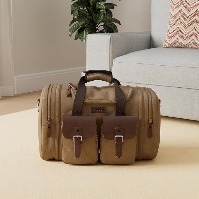 Wildroad 60L Travel Duffel Bag, Expandable Canvas Genuine Leather Duffle Bag - Image 2