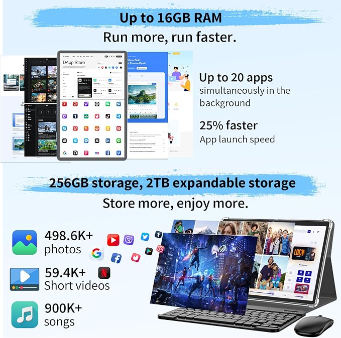 Android 15 Tablet with Keyboard, 16GB（8+8）RAM+256 Storage, 8000mAh Battery - Image 3
