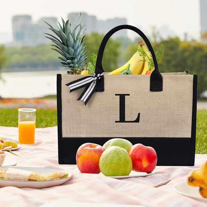 TOPDesign Initial Jute/Canvas Tote Bag, Personalized Present Bag, Suitable - Image 3