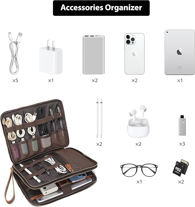 LANNSYNE Full Grain Leather Travel Cable Accessories Bag, Electronic Organizer - Image 3