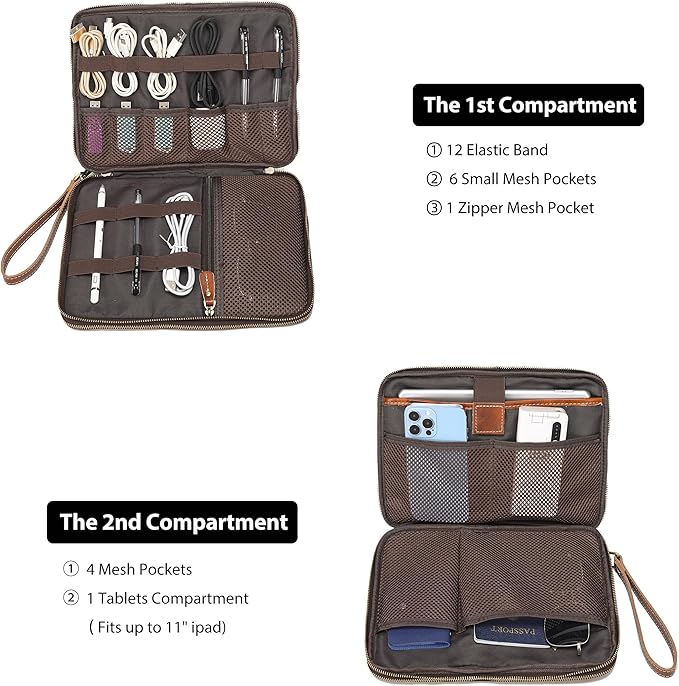 LANNSYNE Full Grain Leather Travel Cable Accessories Bag, Electronic Organizer - Image 4