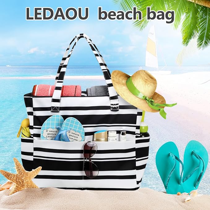 LEDAOU Large Beach Tote Bag Women Waterproof Sandproof Zipper Beach Tote Bag - Image 4