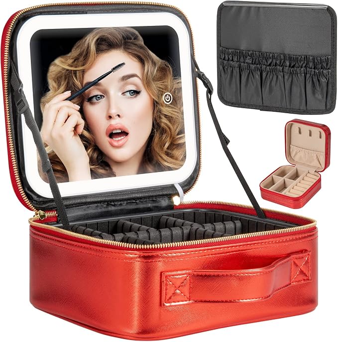 Makeup Travel Train Case with Mirror LED Light 3 Adjustable Brightness Large by Extrei+Gent