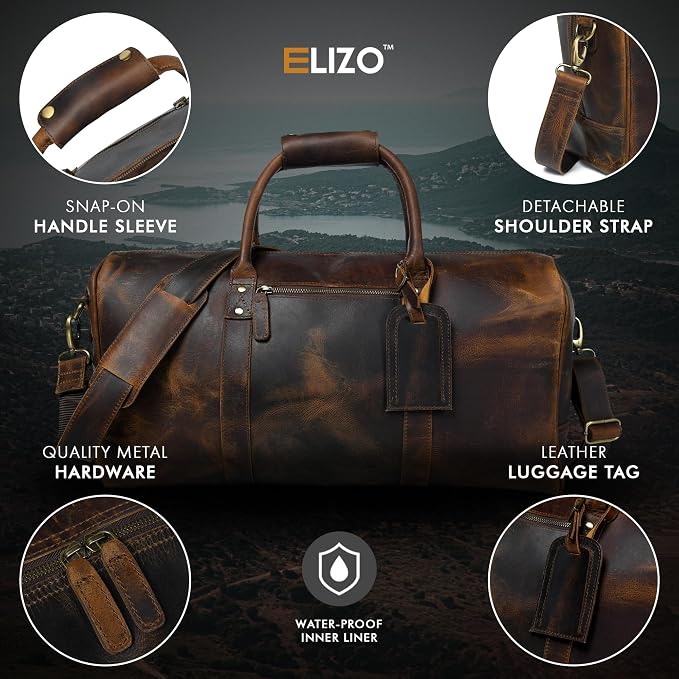 ELIZO Leather Duffle Bag For Men Women REAL FULL GRAIN Travel Overnight - Image 3