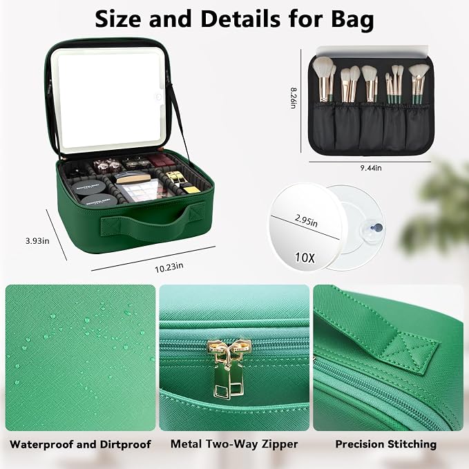 Travel Makeup Bag with LED Mirror and 10x magnifying glass with 3 Lighted - Image 5
