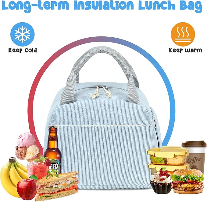 Bluboon Lunch Bag for Women Men Cute Corduroy Lunch Tote Bags Reusable - Image 3